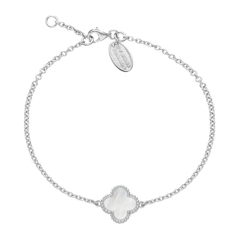 9ct White Gold White Mother of Pearl Bloom Four Leaf Clover Ball Edge Chain Bracelet sold by Jura Watches