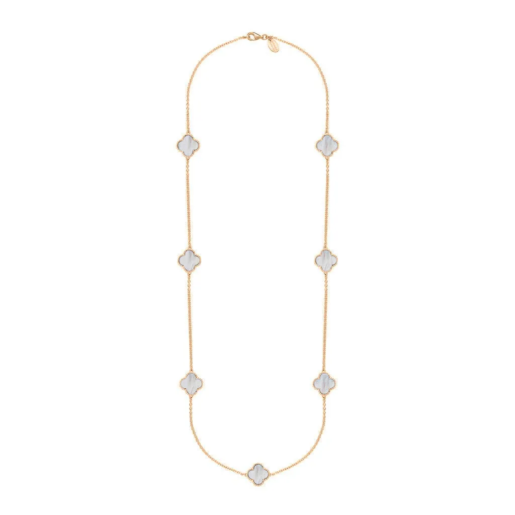 18ct Rose Gold White Mother of Pearl Bloom Four Leaf Clover Ball Edge Long Necklace sold by Jura Watches