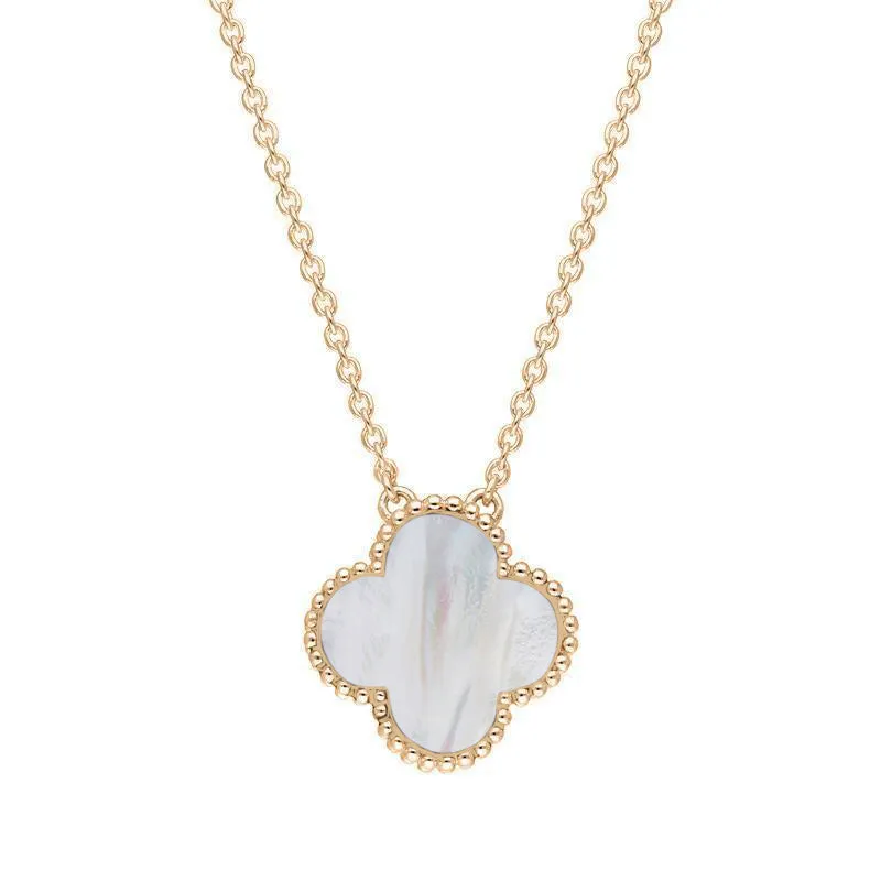 18ct Rose Gold White Mother of Pearl Bloom Large Four Leaf Clover Ball Edge Chain Necklet sold by Jura Watches