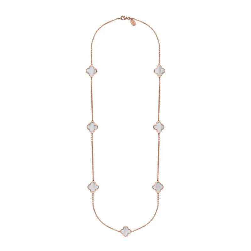 18ct Rose Gold White Mother of Pearl Bloom Four Leaf Clover Long Necklace sold by Jura Watches