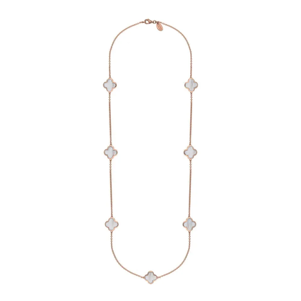18ct Rose Gold White Mother of Pearl Bloom Four Leaf Clover Long Necklace sold by Jura Watches