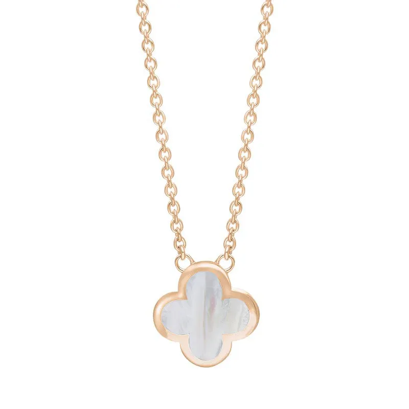 18ct Rose Gold White Mother of Pearl Bloom Small Four Leaf Clover Polished Edge Pendant sold by Jura Watches