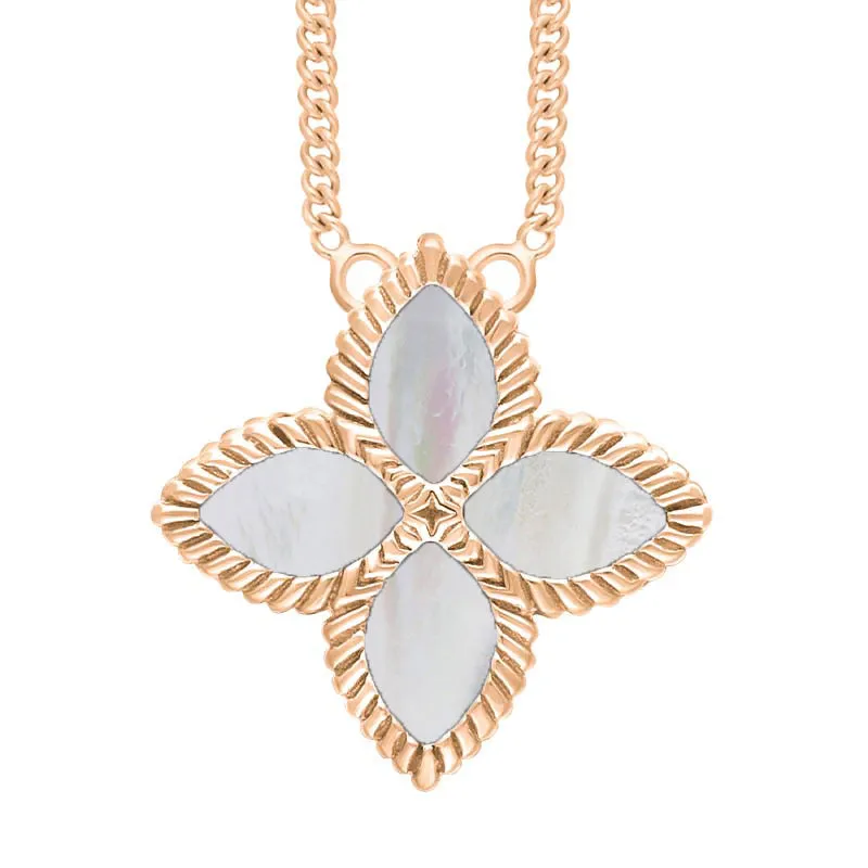 18ct Rose Gold White Mother of Pearl Eden Large Marquise Flower Necklace sold by Jura Watches