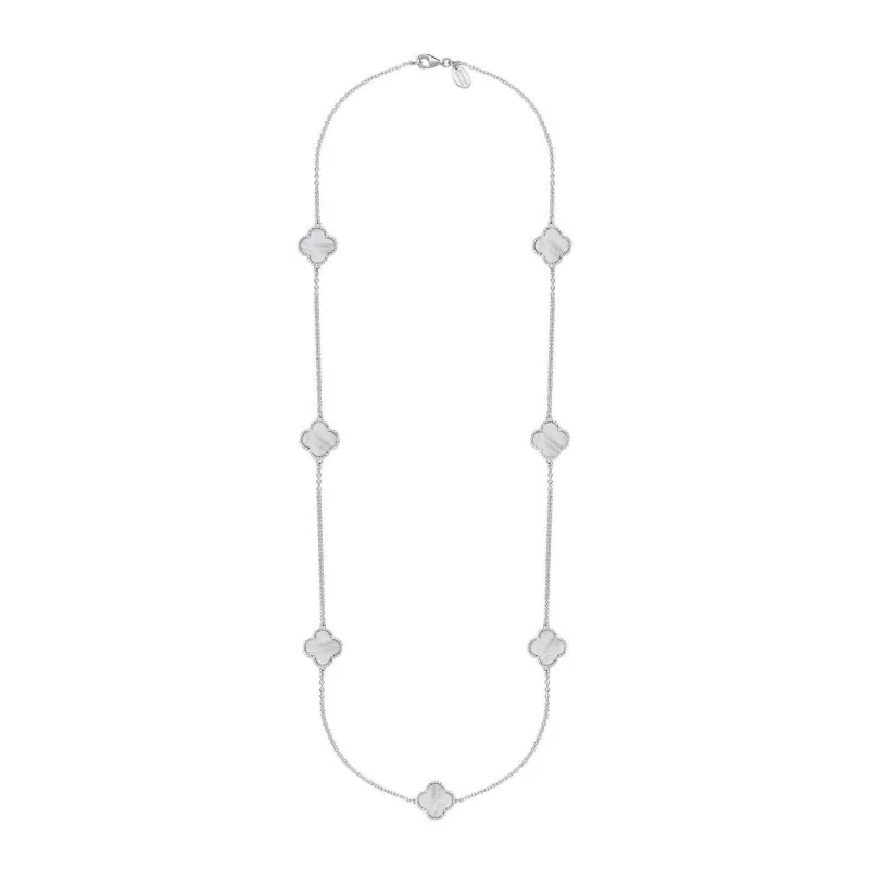 18ct White Gold White Mother of Pearl Bloom Four Leaf Clover Ball Edge Long Necklace sold by Jura Watches