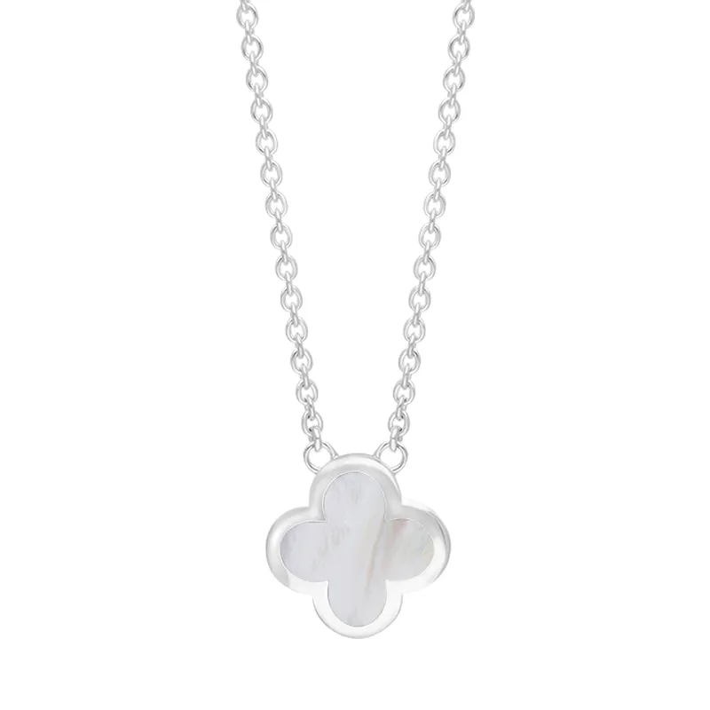 18ct White Gold White Mother of Pearl Bloom Small Four Leaf Clover Polished Edge Pendant sold by Jura Watches