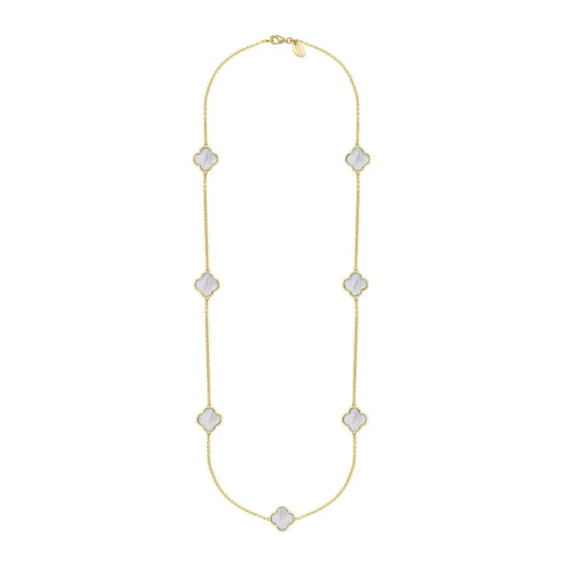 18ct Yellow Gold White Mother of Pearl Bloom Four Leaf Clover Ball Edge Long Necklace sold by Jura Watches