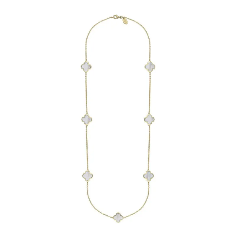 18ct Yellow Gold White Mother of Pearl Bloom Four Leaf Clover Long Necklace sold by Jura Watches