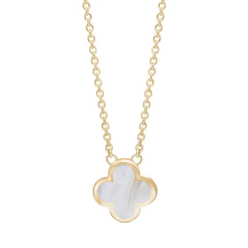 18ct Yellow Gold White Mother of Pearl Bloom Small Four Leaf Clover Polished Edge Pendant sold by Jura Watches