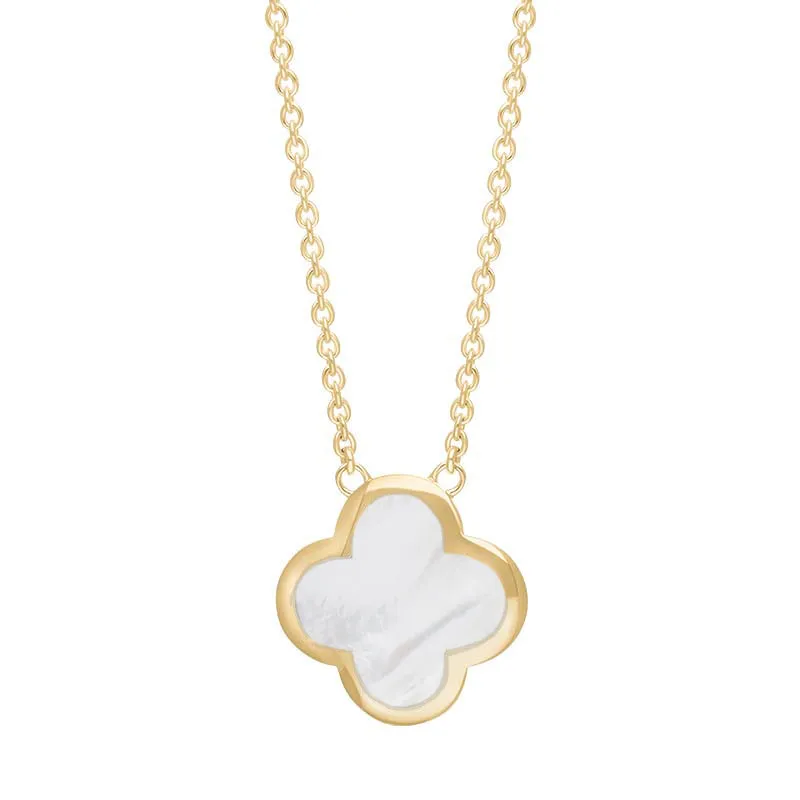 18ct Yellow Gold White Mother of Pearl Bloom Large Four Leaf Clover Polished Edge Pendant sold by Jura Watches