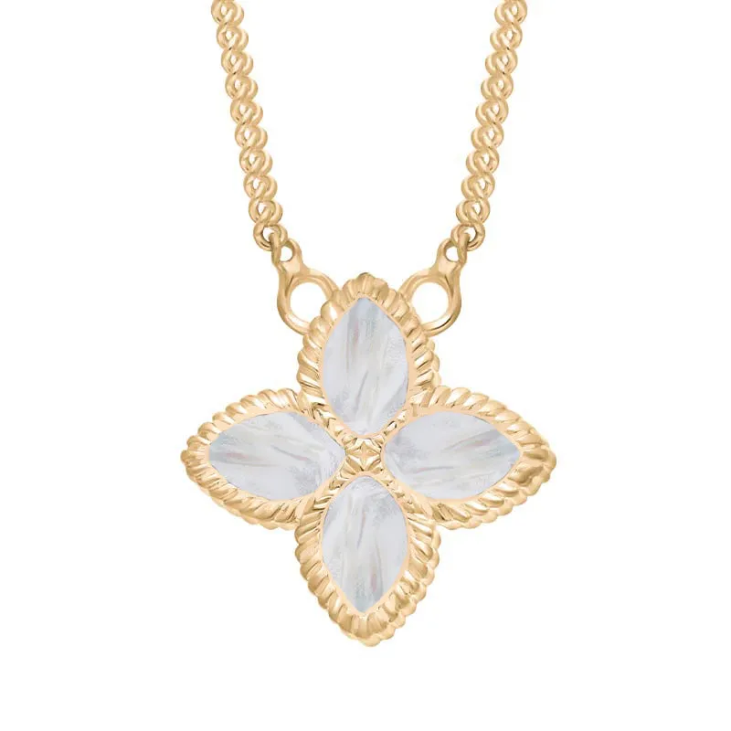 18ct Yellow Gold White Mother of Pearl Eden Small Marquise Flower Necklace sold by Jura Watches
