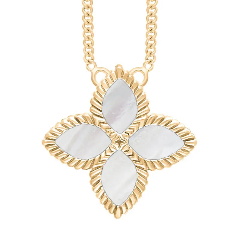 18ct Yellow Gold White Mother of Pearl Eden Large Marquise Flower Necklace sold by Jura Watches