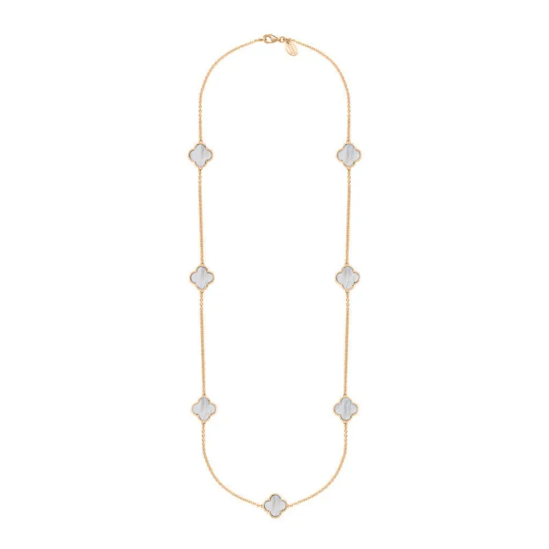 9ct Rose Gold White Mother of Pearl Bloom Four Leaf Clover Ball Edge Long Necklace sold by Jura Watches
