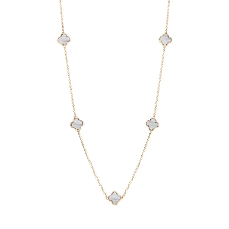 9ct Rose Gold White Mother of Pearl Bloom Four Leaf Clover Ball Edge Necklace sold by Jura Watches