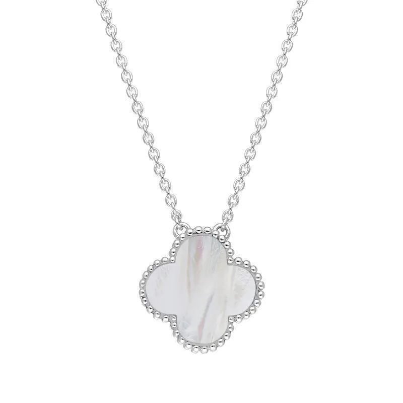 9ct White Gold White Mother of Pearl Bloom Large Four Leaf Clover Ball Edge Chain Necklet sold by Jura Watches