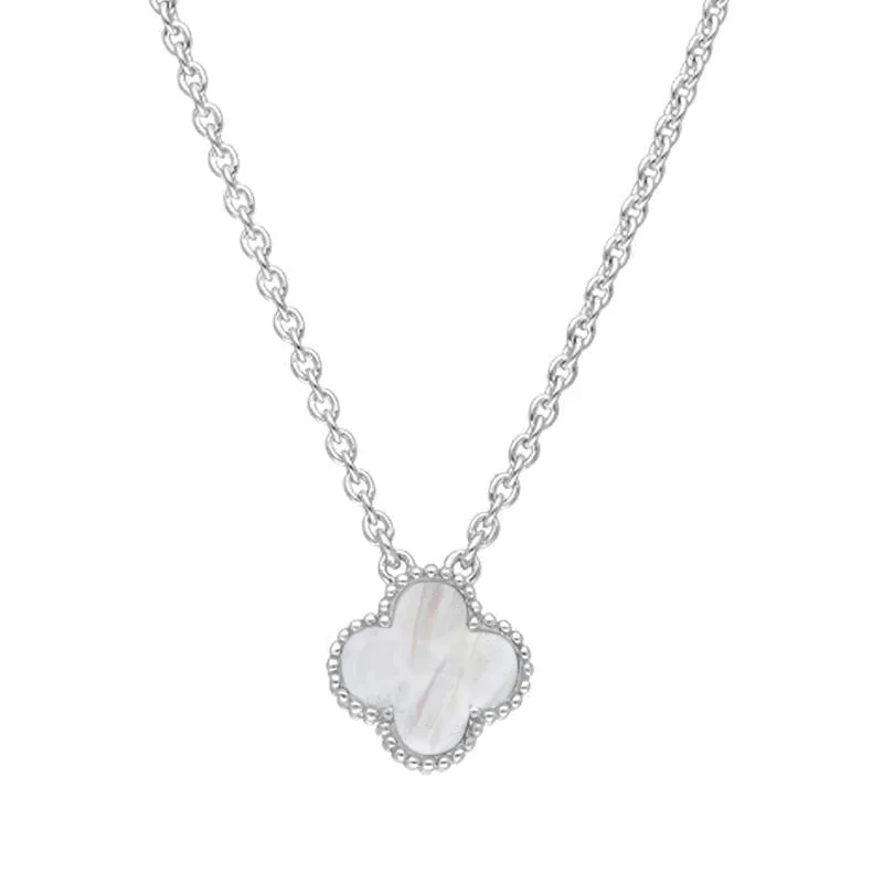 9ct White Gold White Mother of Pearl Bloom Small Four Leaf Clover Ball Edge Chain Necklet sold by Jura Watches