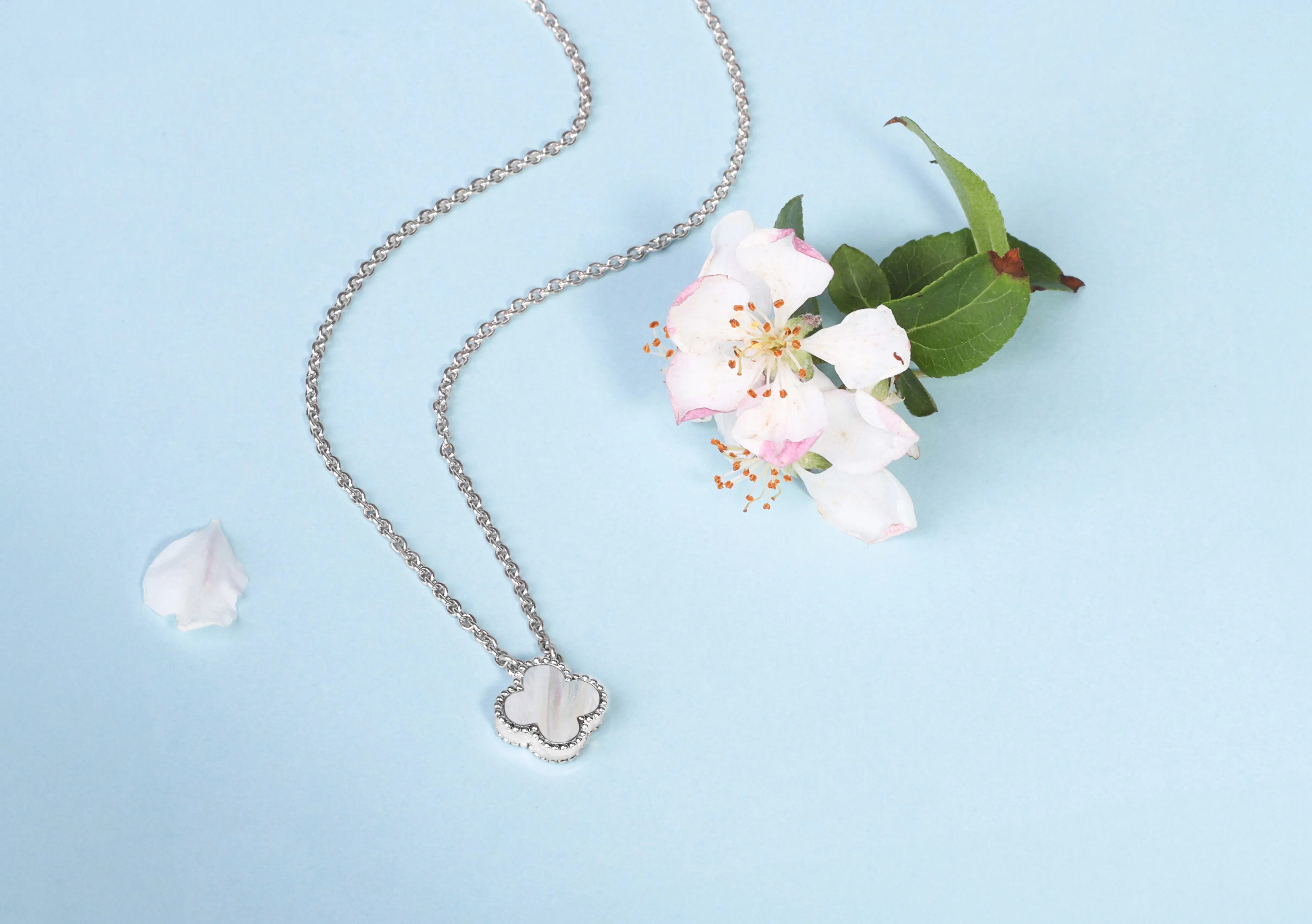 9ct White Gold White Mother of Pearl Bloom Small Four Leaf Clover Ball Edge Chain Necklet sold by Jura Watches product image thumbnail 3