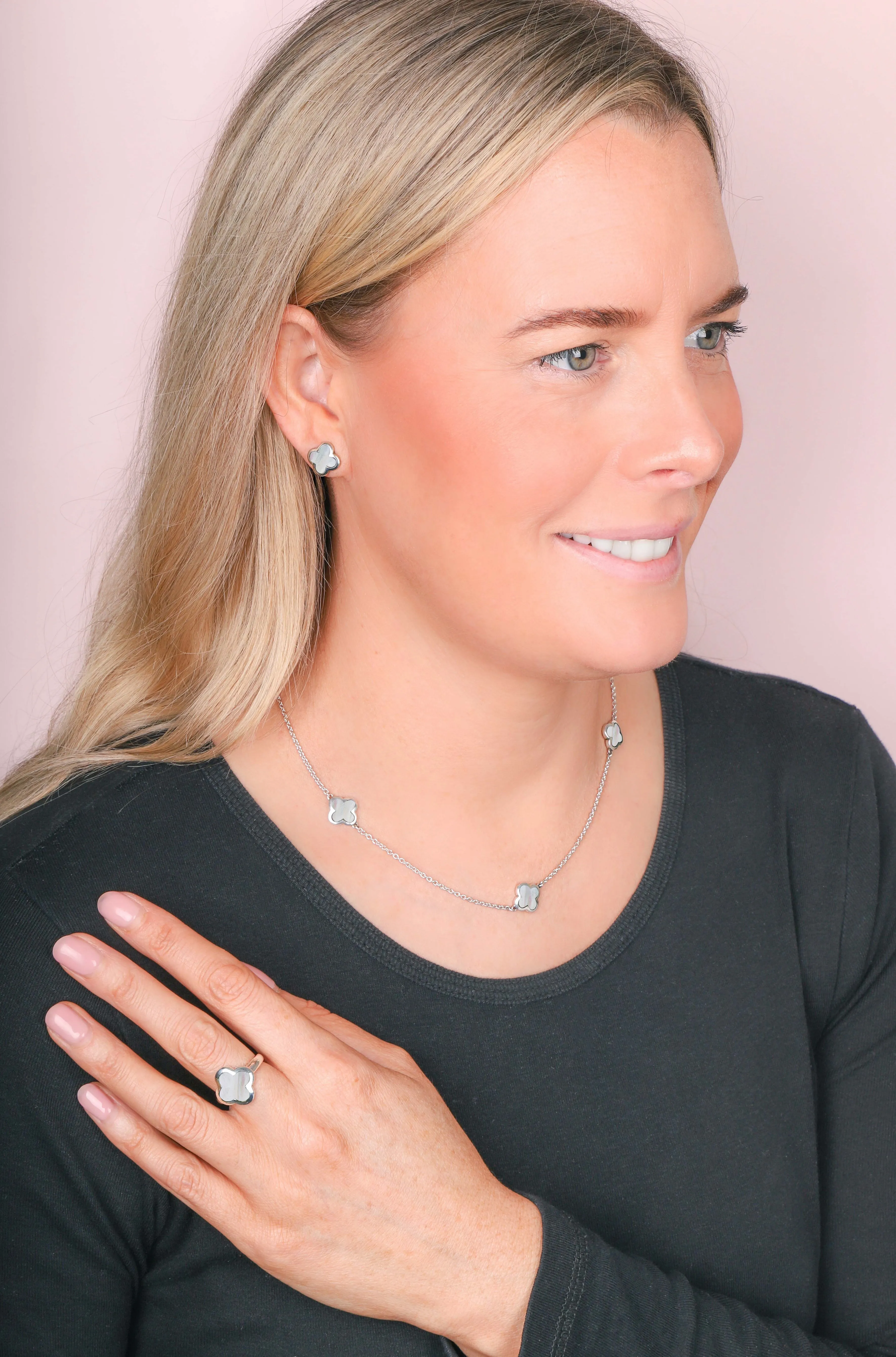 9ct White Gold White Mother of Pearl Bloom Four Leaf Clover Necklace sold by Jura Watches product image thumbnail 2