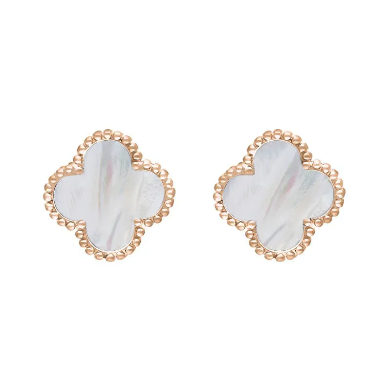 18ct Rose Gold White Mother of Pearl Bloom Four Leaf Clover Ball Edge Stud Earrings sold by Jura Watches