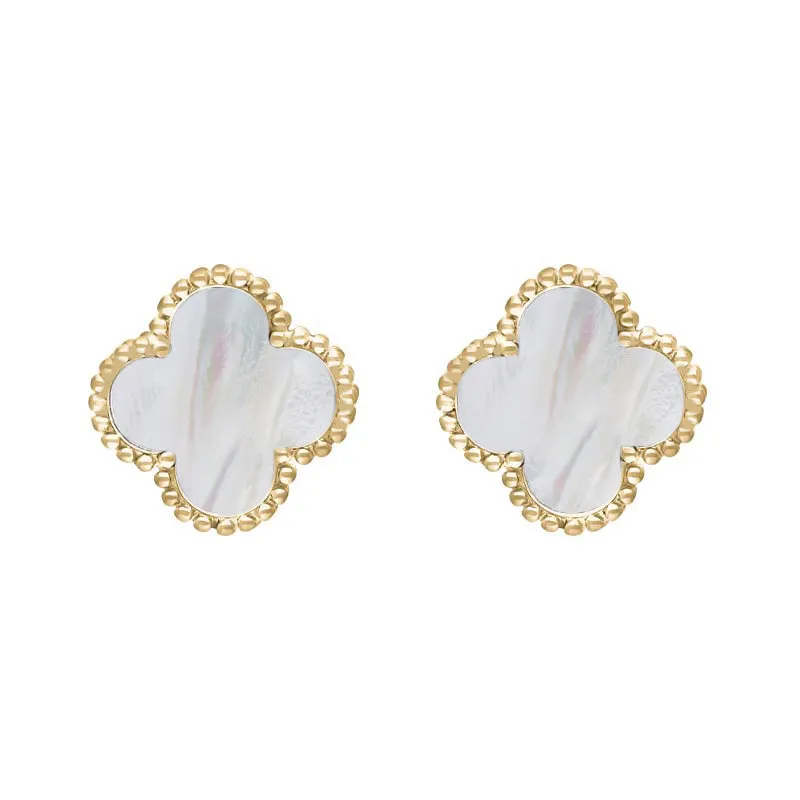 18ct Yellow Gold White Mother of Pearl Bloom Four Leaf Clover Ball Edge Stud Earrings sold by Jura Watches