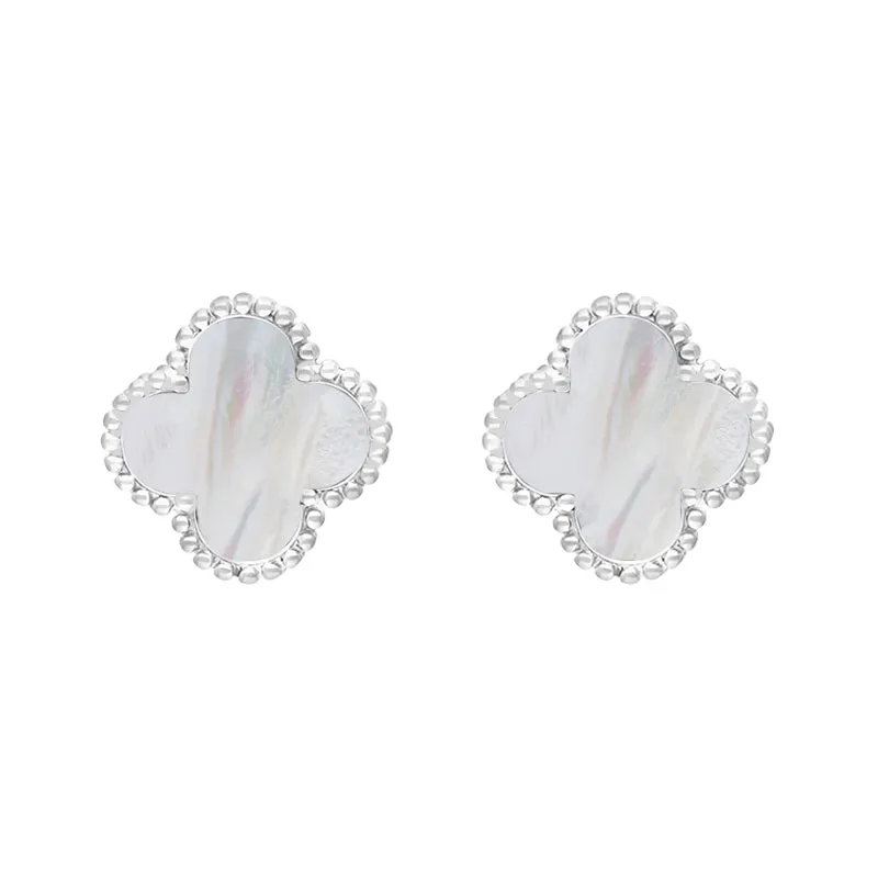 9ct White Gold White Mother of Pearl Bloom Four Leaf Clover Ball Edge Stud Earrings sold by Jura Watches
