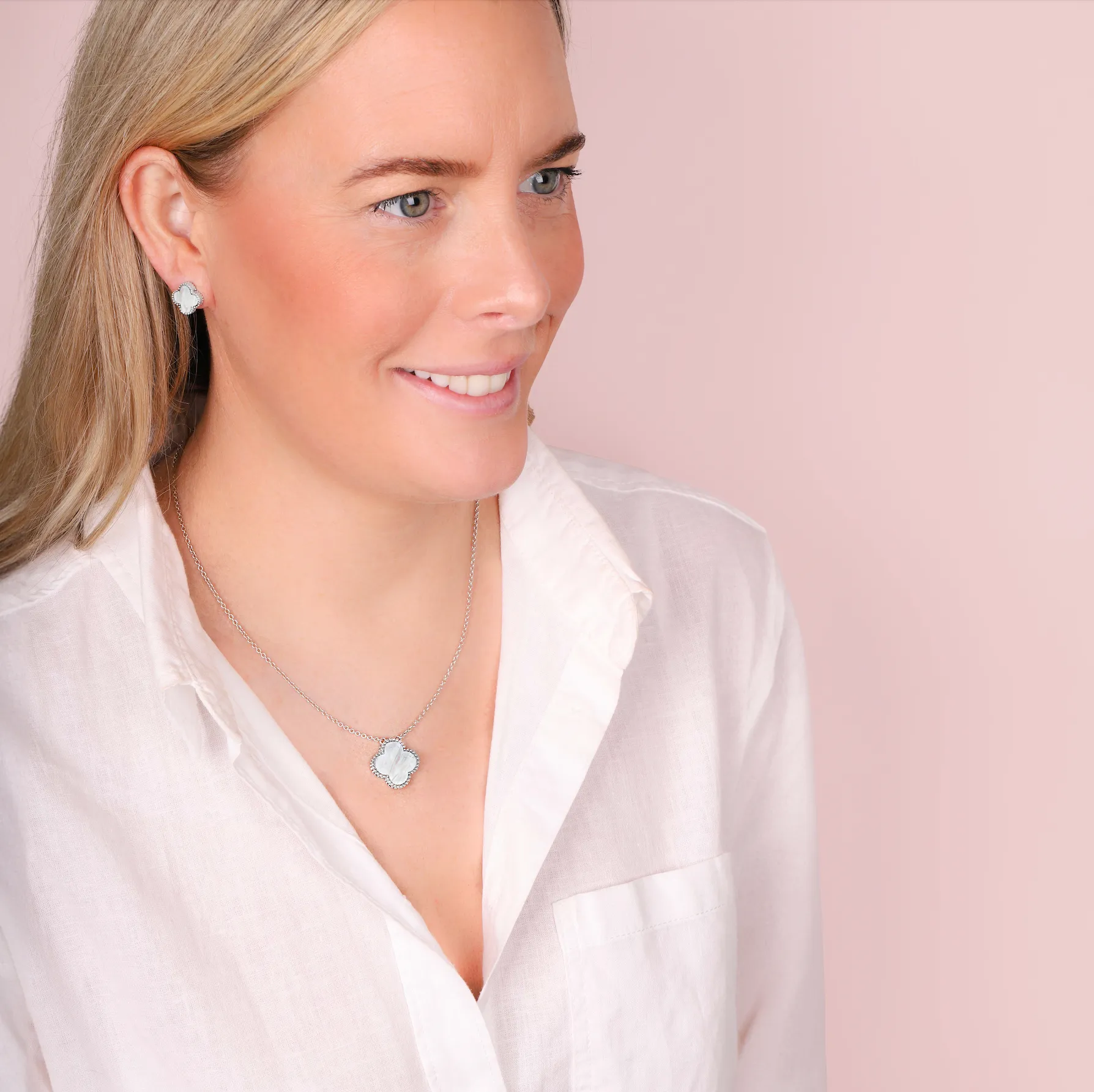 Sterling Silver White Mother of Pearl Bloom Four Leaf Clover Ball Edge Stud Earrings sold by Jura Watches product image thumbnail 3