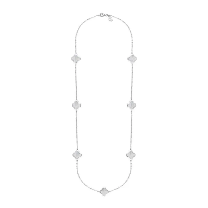 9ct White Gold White Mother of Pearl Bloom Four Leaf Clover Long Necklace sold by Jura Watches