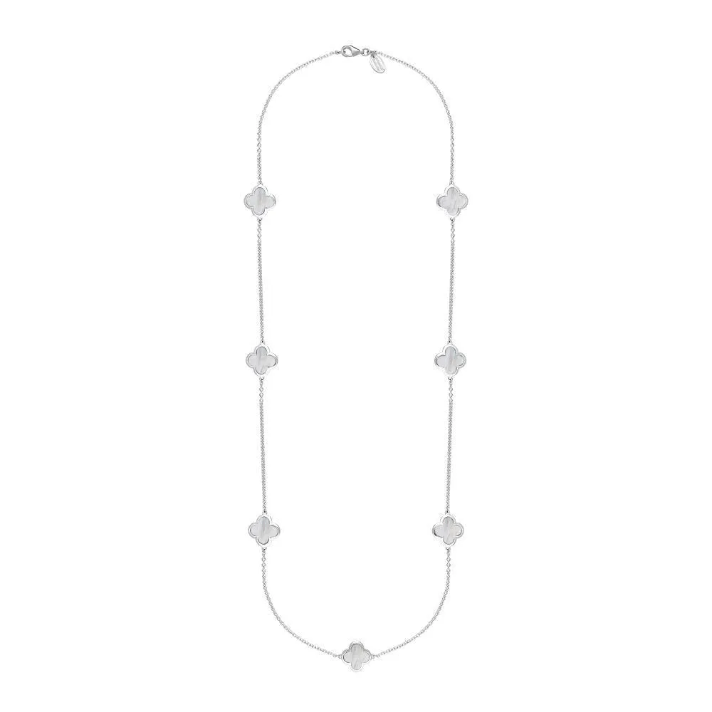 9ct White Gold White Mother of Pearl Bloom Four Leaf Clover Long Necklace sold by Jura Watches