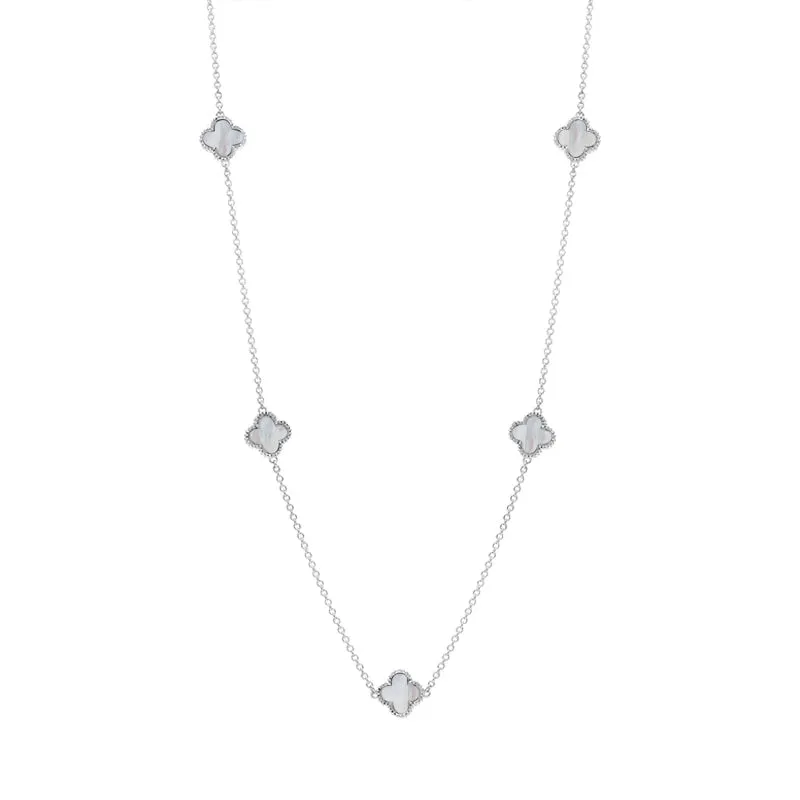 9ct White Gold White Mother of Pearl Bloom Four Leaf Clover Ball Edge Necklace sold by Jura Watches