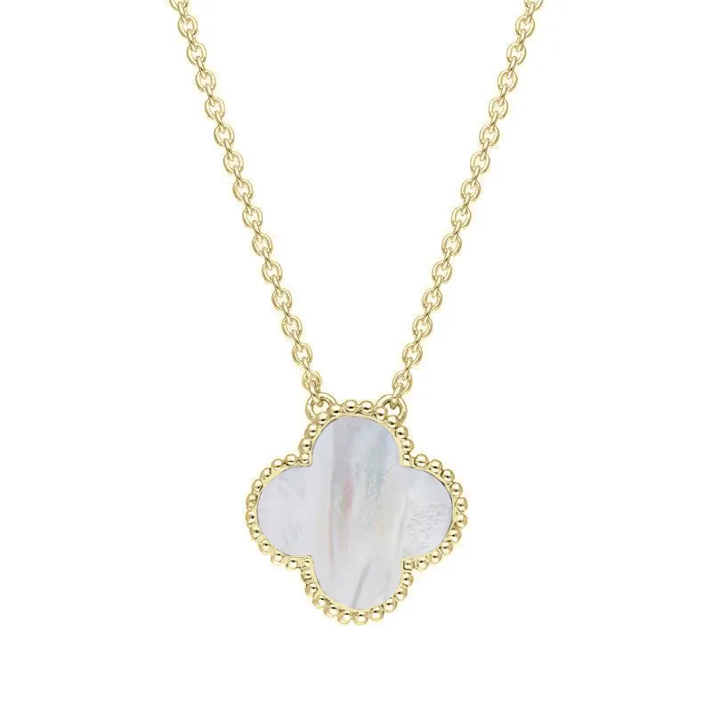 9ct Yellow Gold White Mother of Pearl Bloom Large Four Leaf Clover Ball Edge Chain Necklet sold by Jura Watches