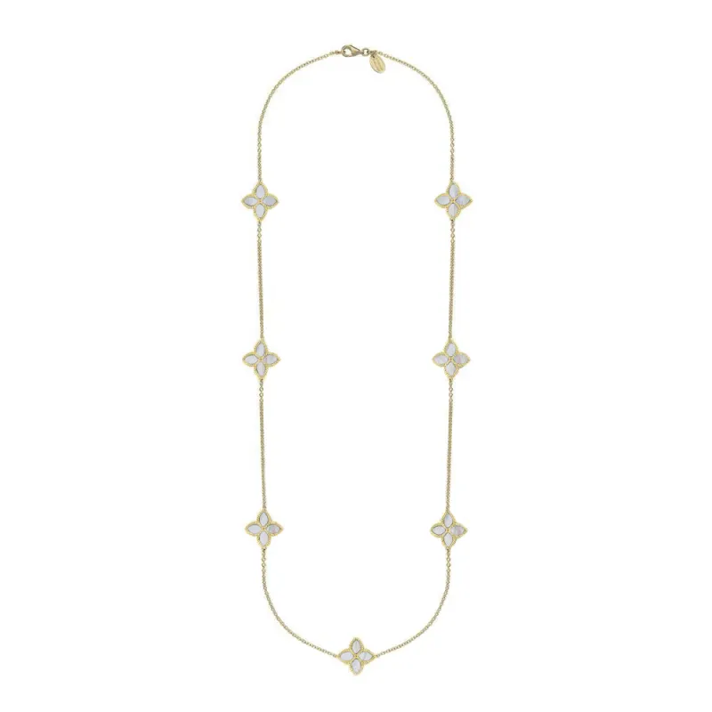 9ct Yellow Gold White Mother of Pearl Eden Long Marquise Flower Necklace sold by Jura Watches