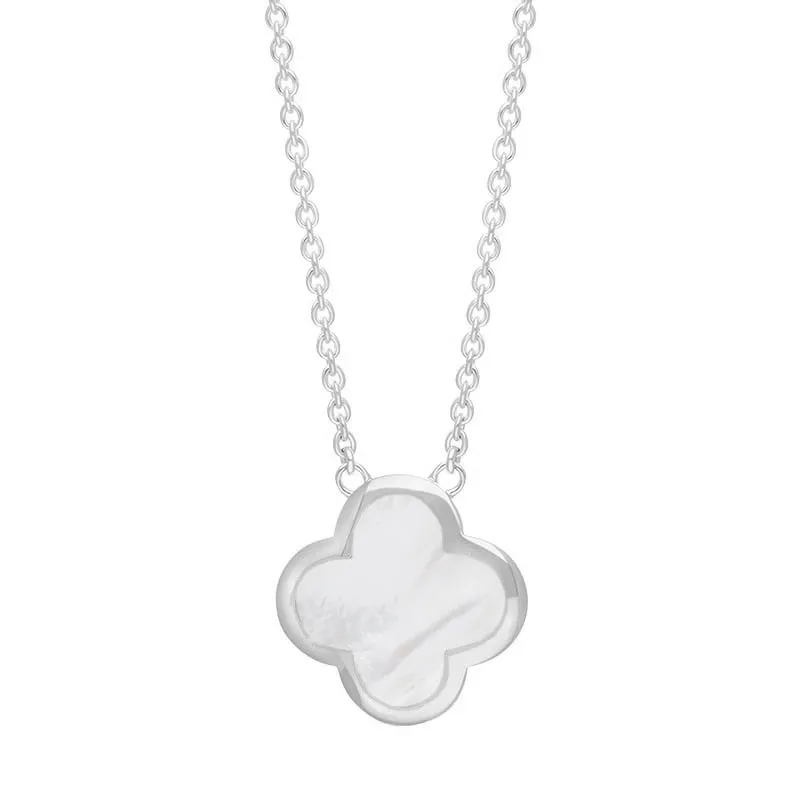 Sterling Silver White Mother of Pearl Bloom Large Four Leaf Clover Polished Edge Pendant sold by Jura Watches