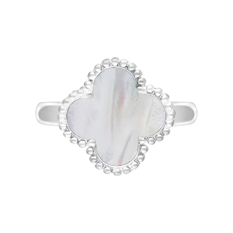18ct White Gold White Mother of Pearl Bloom Four Leaf Clover Ball Edge Ring sold by Jura Watches product image thumbnail 2