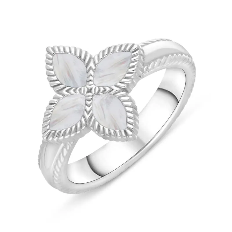 18ct White Gold White Mother of Pearl Eden Marquise Flower Ring made by C.W. Sellors