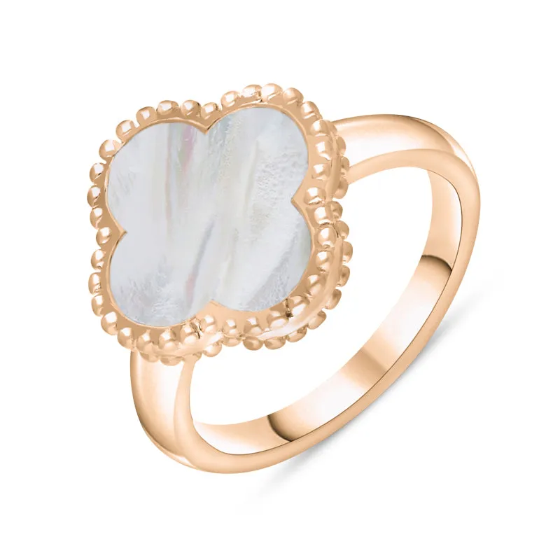 9ct Rose Gold White Mother of Pearl Bloom Four Leaf Clover Ball Edge Ring sold by Jura Watches