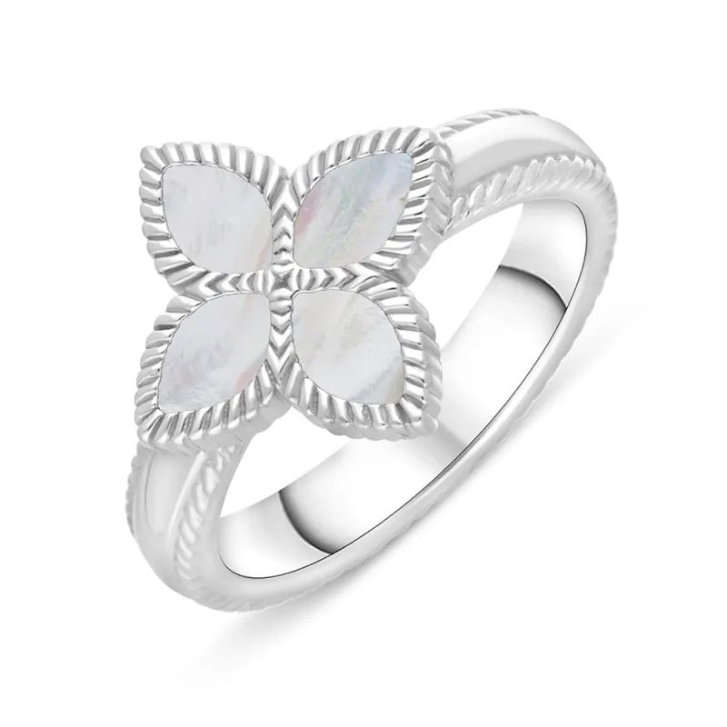 Sterling Silver White Mother of Pearl Eden Marquise Flower Ring sold by Jura Watches