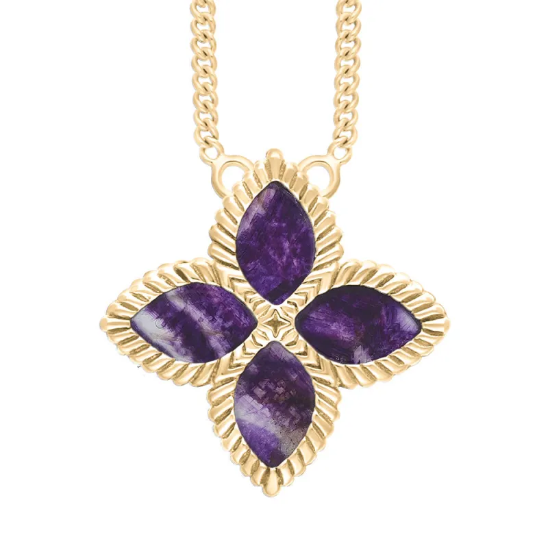 9ct Yellow Gold Blue John eden Large Marquise Flower Necklace sold by Jura Watches