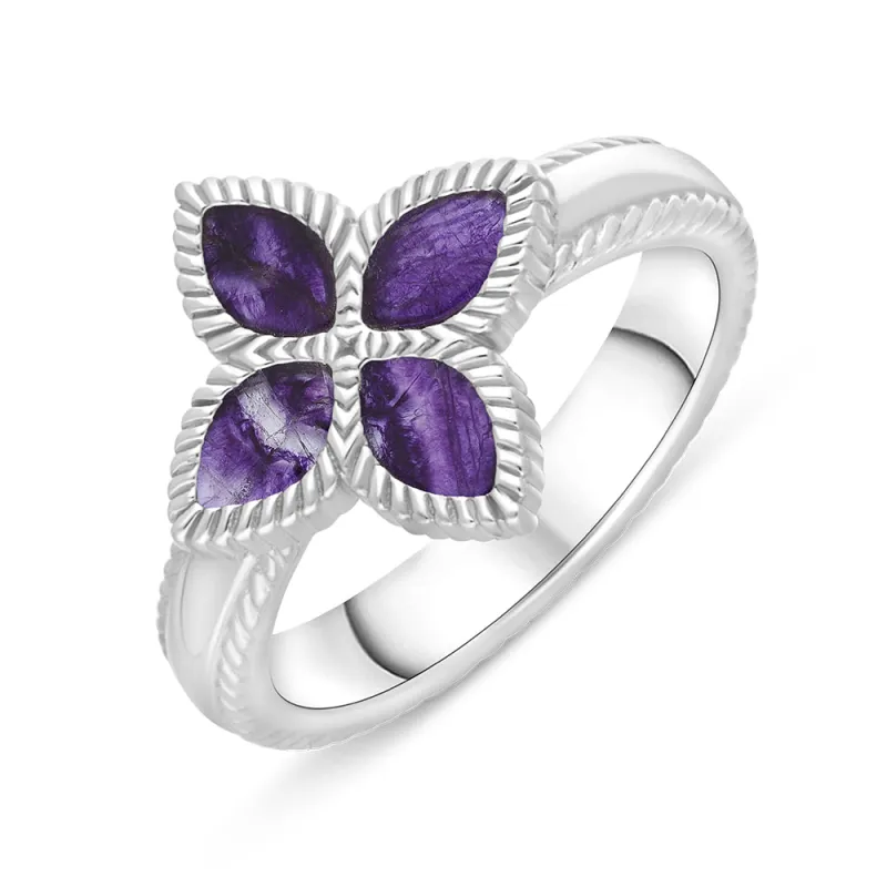 18ct White Gold Blue John eden Marquise Flower Ring sold by Jura Watches
