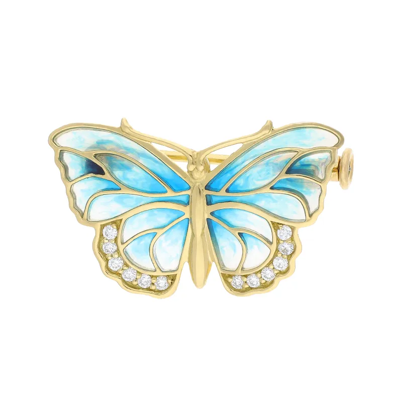 18ct Yellow Gold Blue Enamel & Diamond Butterfly Brooch sold by Jura Watches