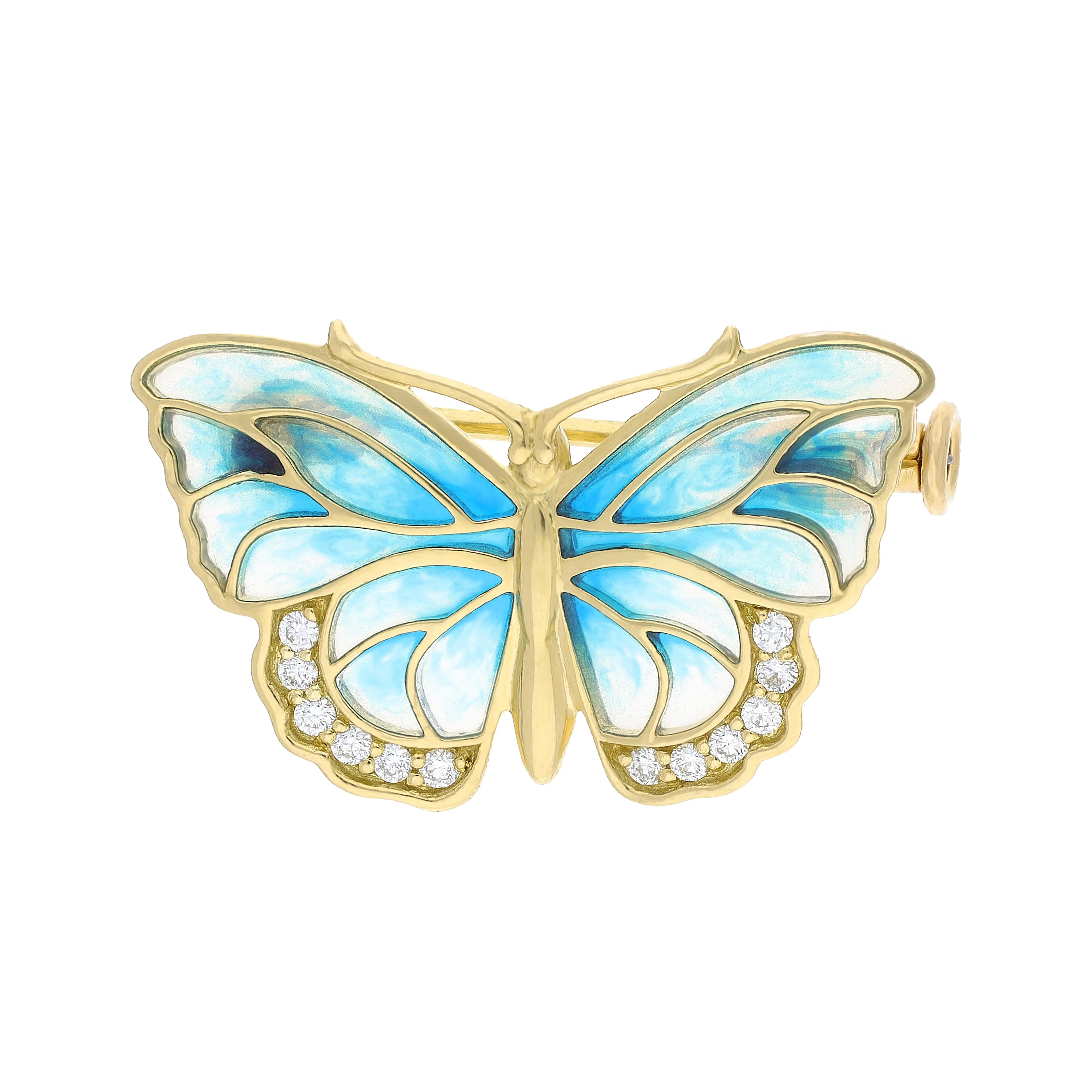 18ct Yellow Gold Blue Enamel & Diamond Butterfly Brooch sold by Jura Watches