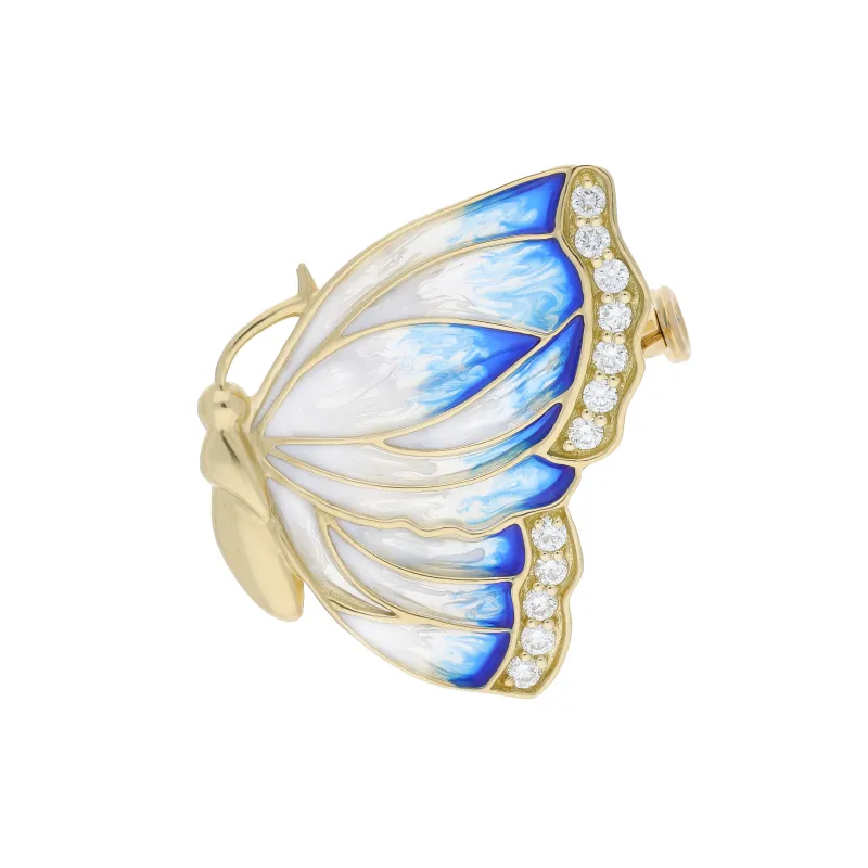 18ct Yellow Gold Blue & Grey Enamel with Diamond Butterfly Wing Brooch sold by Jura Watches