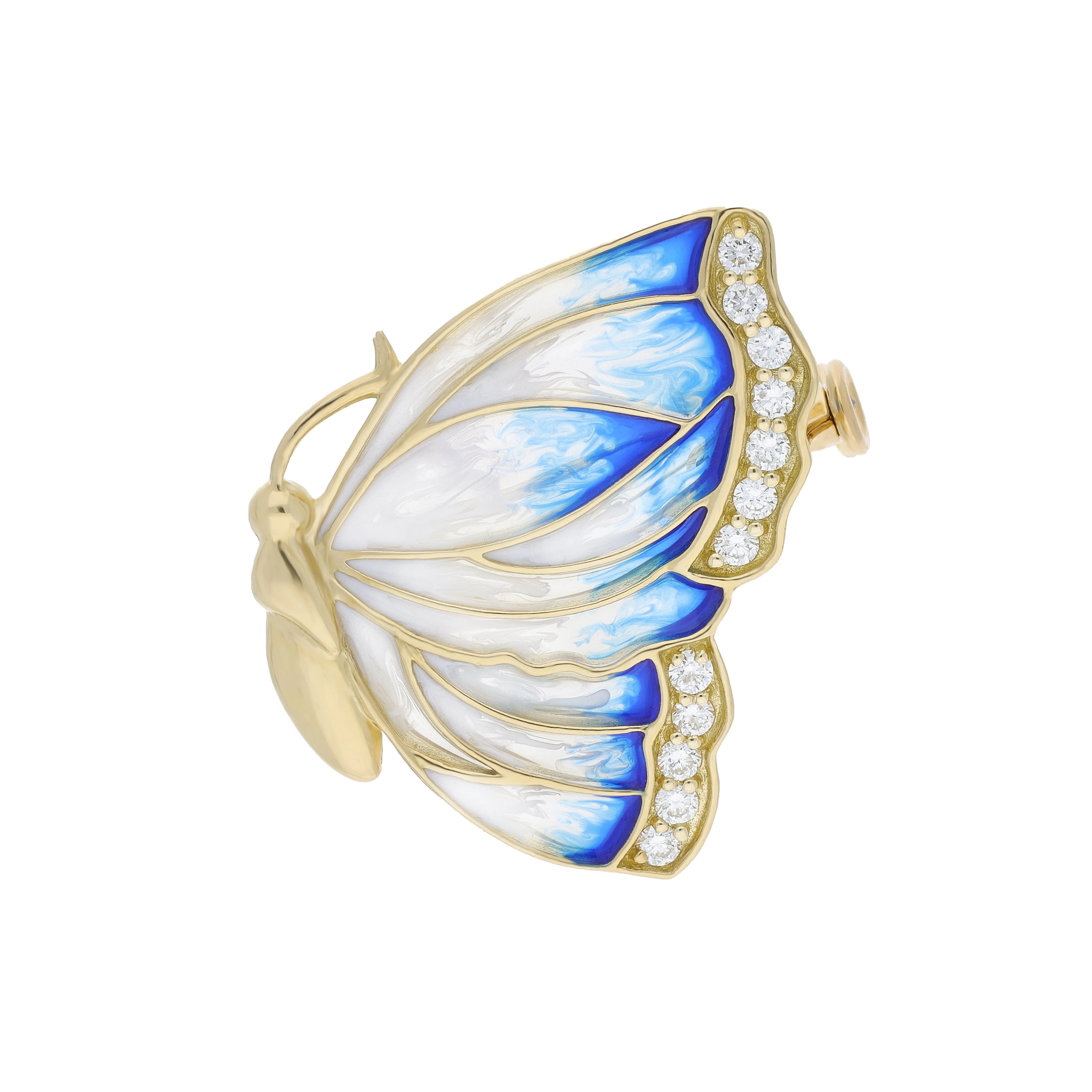 18ct Yellow Gold Blue & Grey Enamel with Diamond Butterfly Wing Brooch sold by Jura Watches
