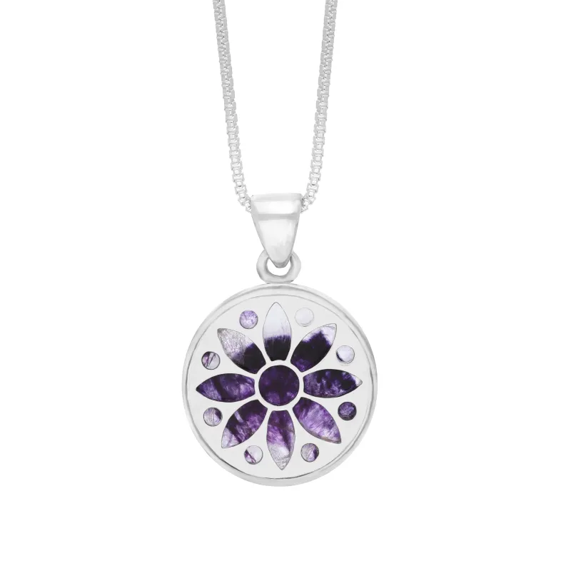 Sterling Silver 17mm Blue John Chatsworth Décor Round Sunflower Pendant sold by Jura Watches