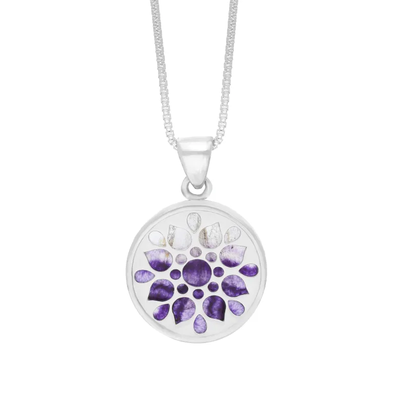 Sterling Silver 17mm Blue John Chatsworth Décor Round Flower Burst Pendant sold by Jura Watches