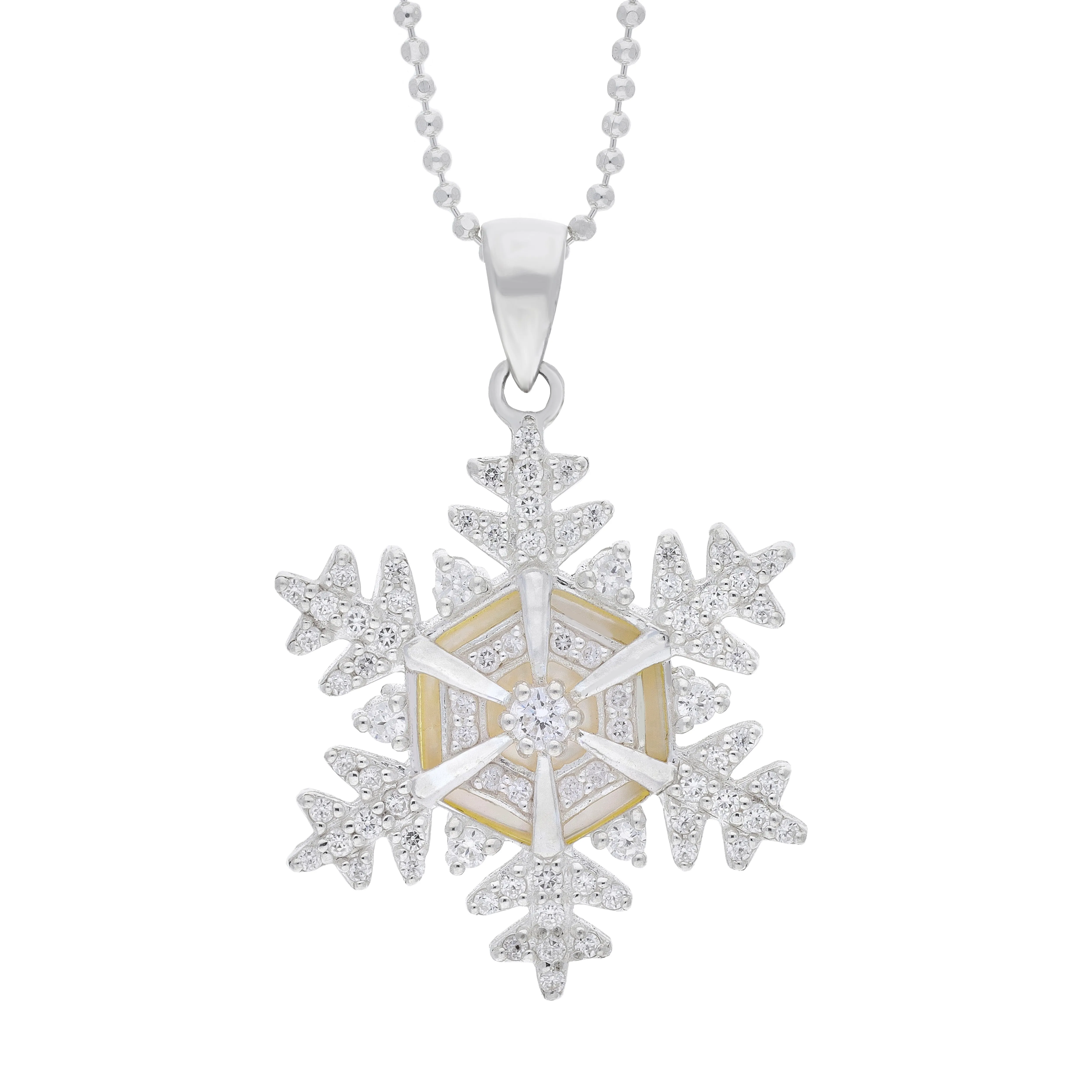 Sterling Silver 30mm Cubic Zirconia & White Mother of Pearl Snowflake Pendant sold by Jura Watches