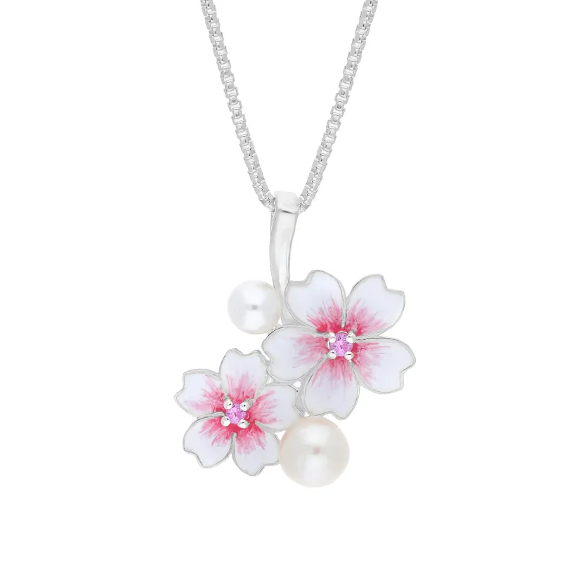Sterling Silver Pearl & Pink Sapphire Double Cherry Blossom Flower Pendant sold by Jura Watches