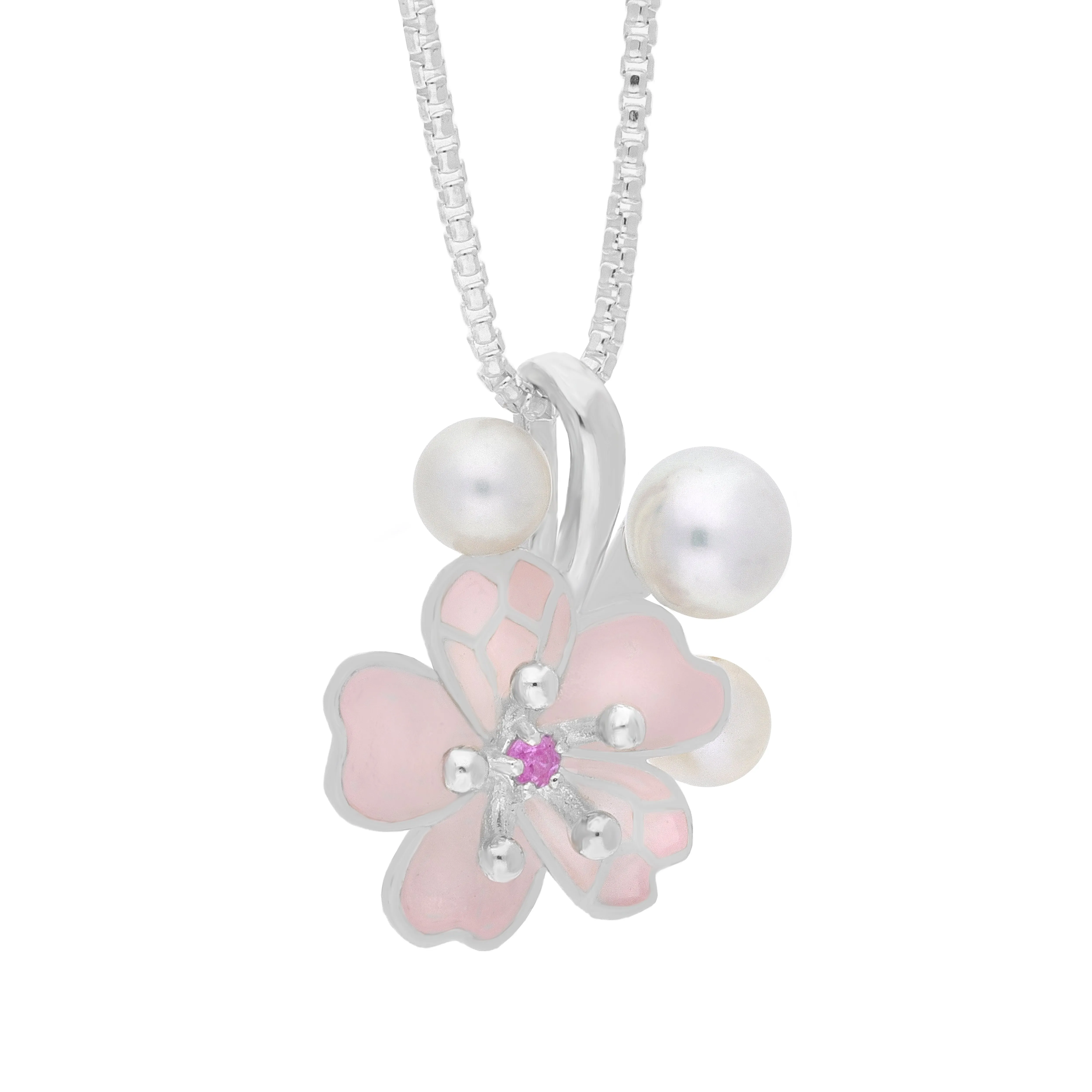 Sterling Silver Pearl and Pink Sapphire Cherry Blossom Flower Pendant sold by Jura Watches product image thumbnail 2