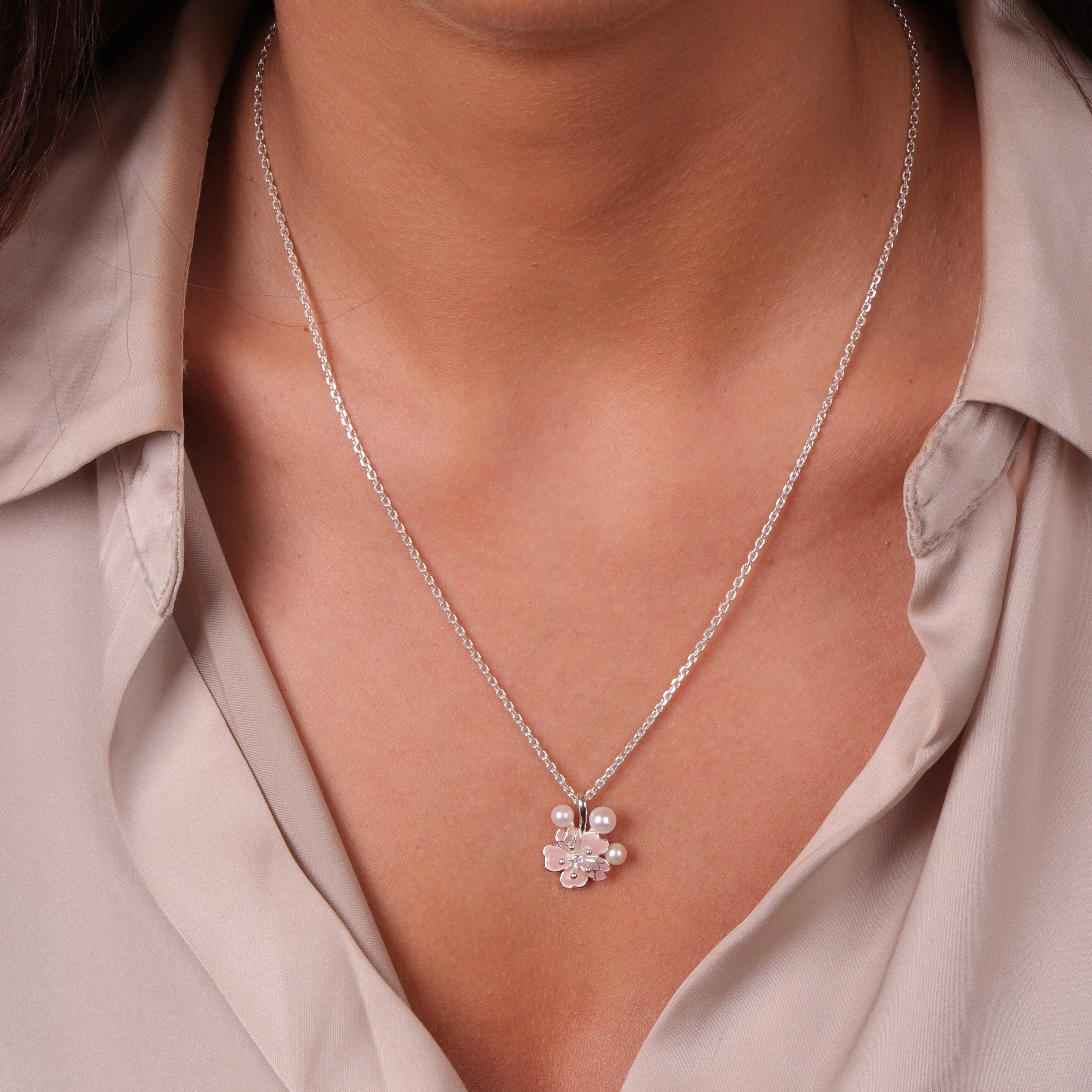 Sterling Silver Pearl and Pink Sapphire Cherry Blossom Flower Pendant sold by Jura Watches product image thumbnail 3