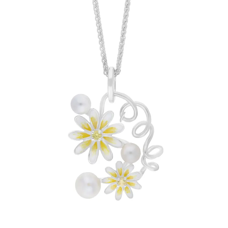 Sterling Silver Pearl and Sapphire Double Daisy Pendant sold by Jura Watches