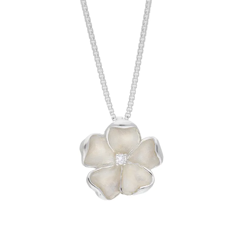 Sterling Silver White Enamel Diamond Flower Pendant sold by Jura Watches