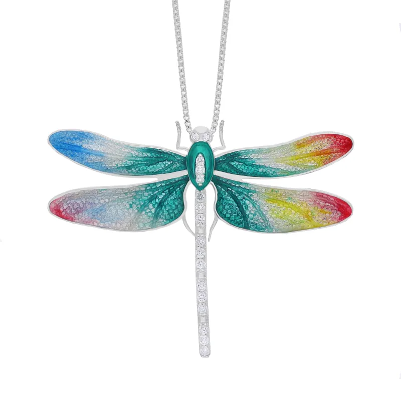Sterling Silver Multicoloured Enamel Diamond Dragonfly Pendant sold by Jura Watches